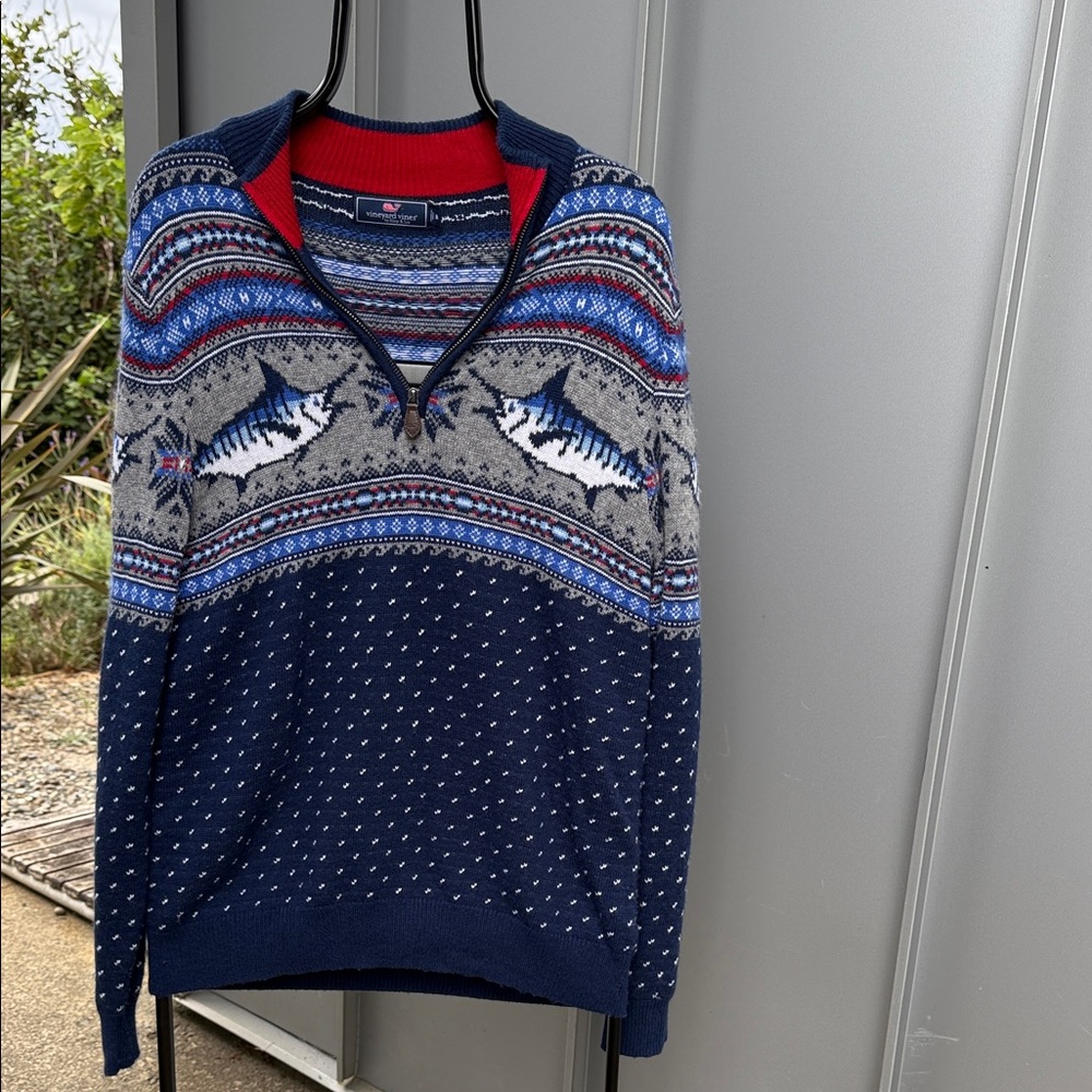 Vineyard Vines Blue Fish Pattern Zip-Up Sweater
